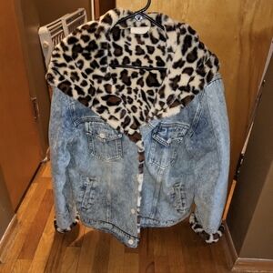 Women's Denim Leopard Fur Jean JacketHooded Reversible Coat 12PM by Mon Ami